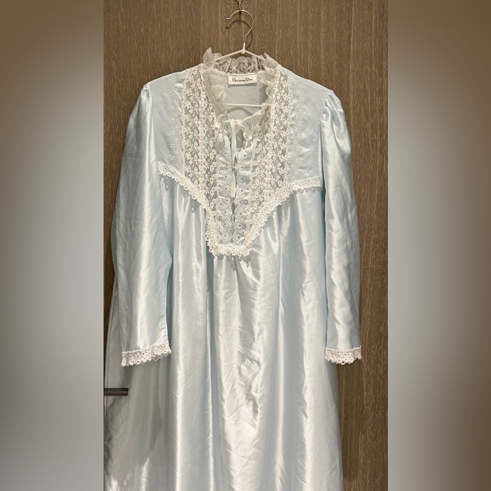 Vintage Dior 1980 Pale Blue Satin Nightgown with Lace Yoke